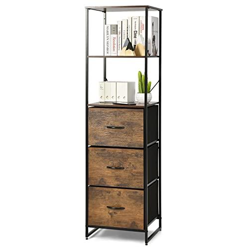 COSTWAY Libreria Multifunzionale, con 3 Ripiani Aperti e 3 Cassetti in Tessuto, con Struttura in Acciaio e Dispositivo Antiribaltamento, Libreria per Soggiorno Studio Camera da Letto, 43x39x156cm