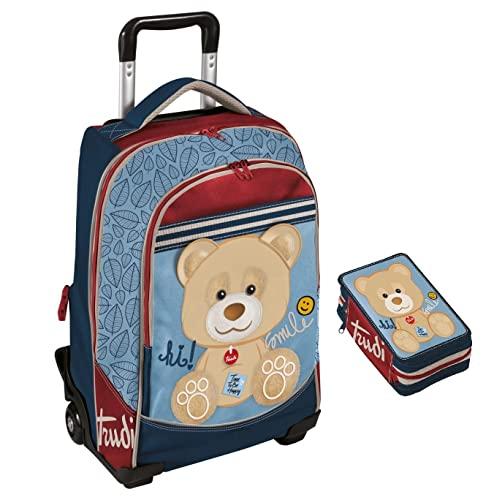 Trolley Zaino Scuola Trudi Peluche Cucciolo Orso Arancione Blu + Astuccio 3 piani + omaggio 7 penne + portachiave paillettes