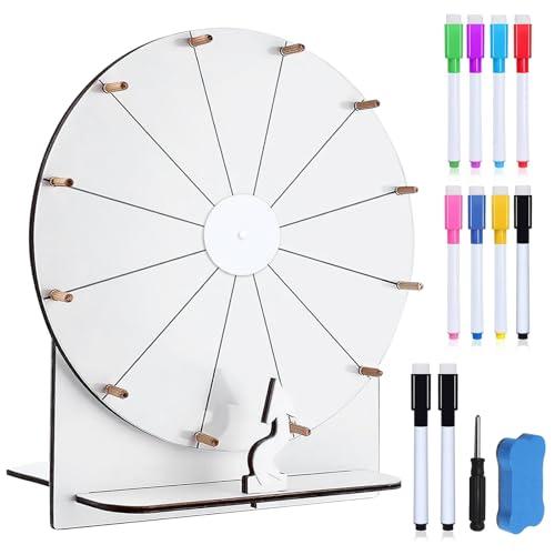 PORFOYO Set di ruote della fortuna grande da 30 cm, con supporto e pennarello, ruota della fortuna in legno, per fai da te, gioco cancellabile, per feste, scuola, famiglia (bianco)