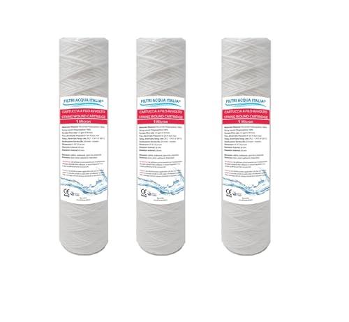 CARTUCCIA FILTRO FILO AVVOLTO 10 POLLICI MICRON 1 POLIPROPILENE SEDIMENTI SET 3 PEZZI