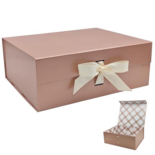 Tekhoho Scatola Regalo Oro Rosa Grande 33.5x27x12.5cm, Scatola Regalo Premium con Coperchio Magnetico e Nastro per Confezioni Regalo di Matrimonio e Compleanno, Fodera Plaid