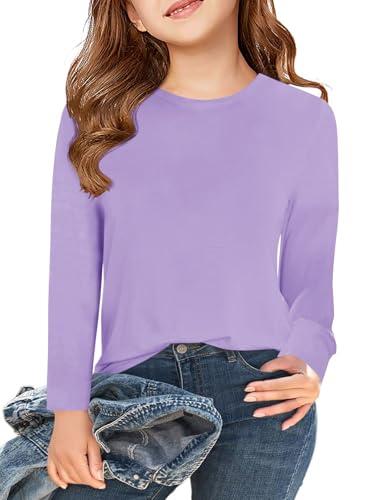 Haloumoning Maglietta da ragazza, a maniche lunghe, girocollo, per bambini, tinta unita, a maniche lunghe, casual, basic 5-14 anni, Lilla, 5-6 Anni