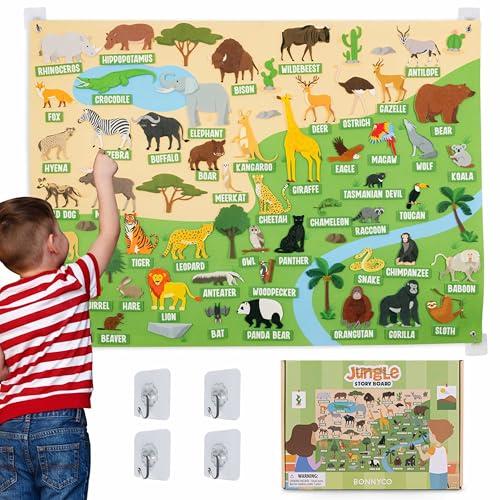 BONNYCO Lavagna di Feltro con 116 Figure di Animali della Giungla. Giochi Montessori e Regalo Compleanno Bambini dai 3-8 Anni. Pannello Sensoriale per Autismo, Giocattoli Educativi