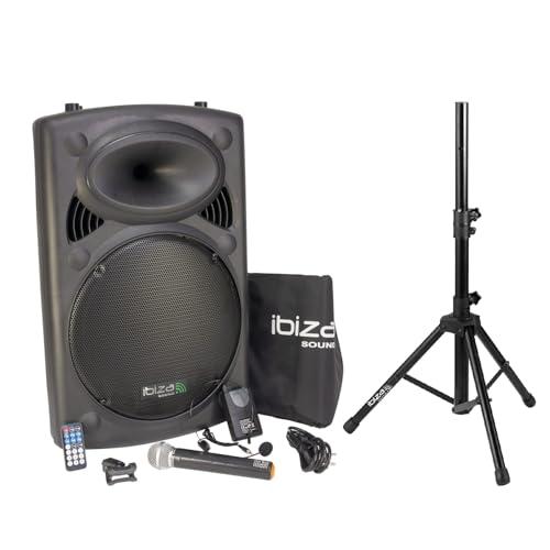 Ibiza PORT15VHF-BT + Supporto dell'altoparlante porta Impianto audio portatile cassa attiva (800 Watt, ingressi USB SD MP3 con funzione recording, 2 microfoni, batteria integrata, telecomando), nero