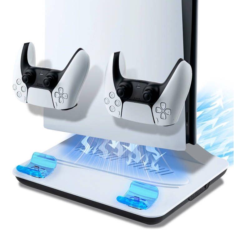 Tolesum Supporto per PS5/Slim/Pro con Ventola di Raffreddamento, Base Stazione Ricarica Joystick PS5, PS5 Supporto Verticale Raffreddamento con 2 Carica USB &3 marcia Velocità del vento per PS5 Gadget