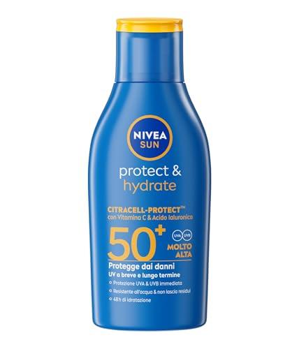 NIVEA SUN Protect & Hydrate SPF 50+ Formato Viaggio 100 ml, Crema solare 50+ idratante 48h ad assorbimento rapido, Protezione solare 50+ resistente all'acqua con Vitamina C e Acido Ialuronico