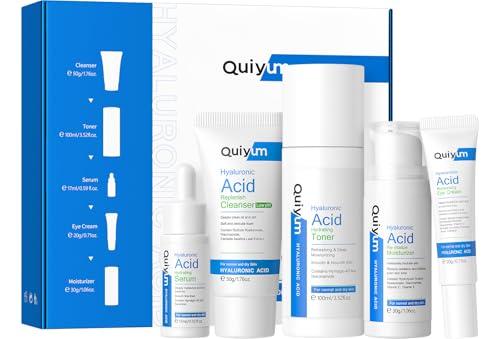 QUIYUM Set Acido Ialuronico Viso, Kit Skincare Viso Completo, 5 pezzi Set Regalo per la Cura Della Pelle con Detergente Tonico Crema per Gli Occhi Siero Crema