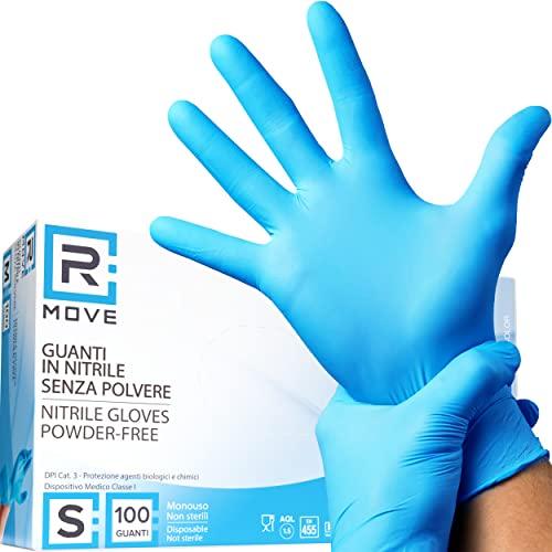 RMOVE 100 guanti in Nitrile Blu S senza polvere, senza lattice, ipoallergenici, guanti monouso per Estetisti, Tatuatori, Ambiti Medici, guanti per alimenti (S, Blu)