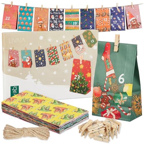 LIVAIA Calendario Avvento Fai da Te 2025 - Kit con 24 Sacchettini Regalo in Carta, Adesivi Numerati, Mollette, e un Cordoncino - Calendario Avvento da Riempire per Adulti e Bambini - Colorato 4 Motivi