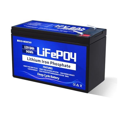 ECO-WORTHY - Batteria al litio LiFePO4, 12 V, 8 Ah, ricaricabile a 15000 cicli profondi e protezione BMS, per campeggio, impianto solare, camper, ecoscandaglio, barca, passeggino, pannello solare