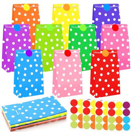 Sac Papier, 40 Pièces Sacs Cadeau avec 48 Autocollants, Sachet Bonbons, Sac en Papier Kraft pour Enfant Fêtes Mariage Anniversaire Noël, 24 x 13 x 8 cm, 10 Couleurs