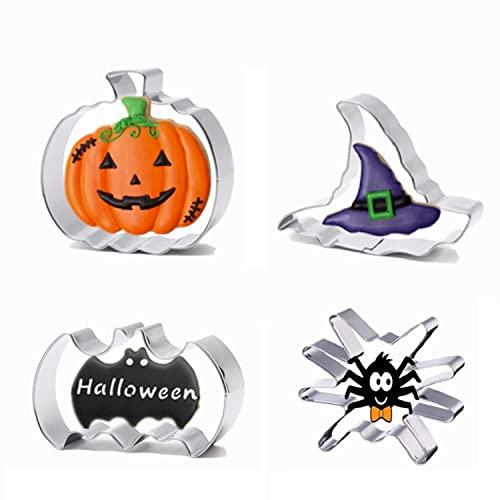 Formine Biscotti Halloween Set di 4, Acciaio Inox Formine Halloween per Biscotti, DIY Decorazioni Stampini Biscotti - Zucca, Ragno, Pipistrello, Strega Cappello