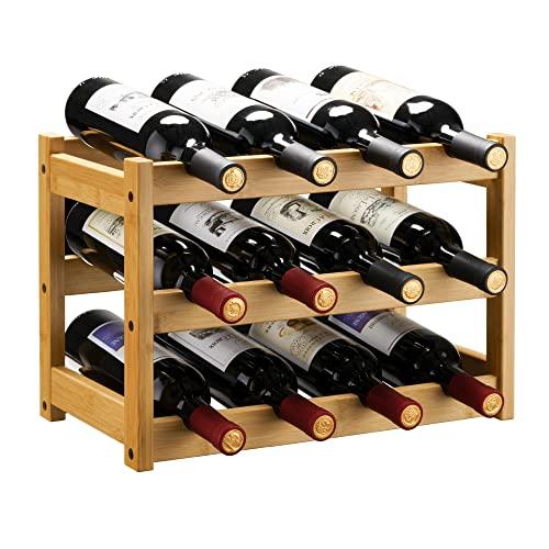 VASMIA Portabottiglie di Vino,Portabottiglie da Tavolo in Bambù Naturale, Vintage Espositore Bottiglie Scaffale Cantinetta Portabottiglie per Cucina, Bar, Cantina(3 livelli-12 bottiglie),Naturale