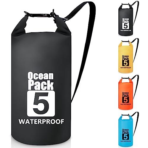 Invool Borsa impermeabile da 5 l/10 l/20 l/30 l, con tracolla regolabile per escursionismo, nuoto, rafting, surf, ciclismo, campeggio, pesca, Nero , 5 L, Organizer per borse