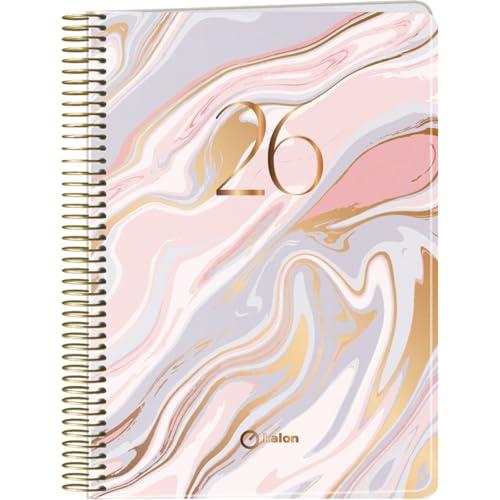 Q Kalon - Agenda 2026 - Vista Settimanale Verticale, Formato A5 (15x21 cm), Planner Multilingue (ESP, ING, FR, DE), Rilegatura ad Anelli, Copertina Cartoncino e Protezione Plastica - Marble