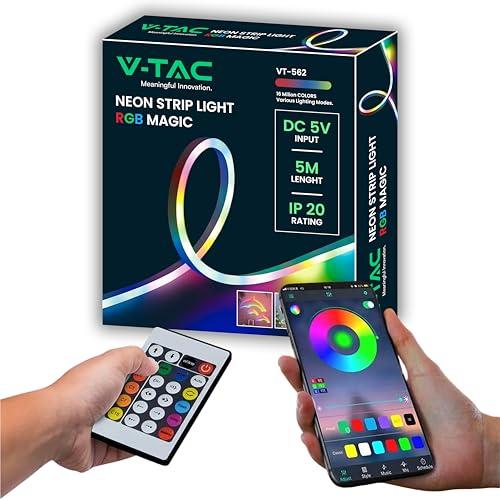 V-TAC Striscia LED RGB Magic Smart 5 Metri –[ 16 MILIONI DI COLORI ] - Controllo Telecomando e App Alimentazione USB 5V - 3W/m - 30 LED/m – Per Casa, Camera, Salotto, Interni, Arredi, Profili
