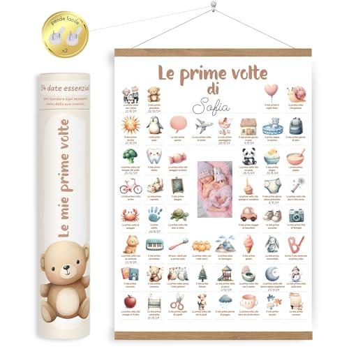 HuBorns - Poster Le Mie Prime Volte per Seguire le Tappe Fondamentali del Neonato, Regalo Neonato Maschio e Femmina, Decorazione Cameretta, Include Strisce di Legno per Appendere e Spazio per Foto