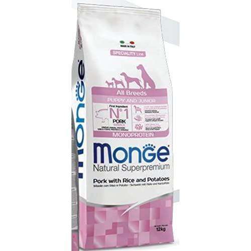Monge Natural Superpremium Puppy and JUNIOR Pork, Rice and Potatoes, cibo per cani per tutte le razze (cibo secco per cani con maiale, riso e patate, molto ricco di fibre e vitamine, 12 kg)
