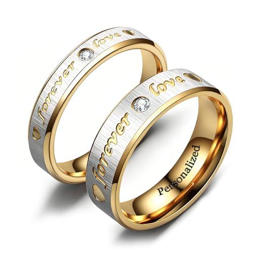 Ihanskio Personalizzato Anello per le Coppie Doppio Della Banda di Colore Del Modello Anelli All'interno Può Inciso Personalizzato di Nozze Promessa Anelli di Fidanzamento 6-13# (Gold-Love, Custom)