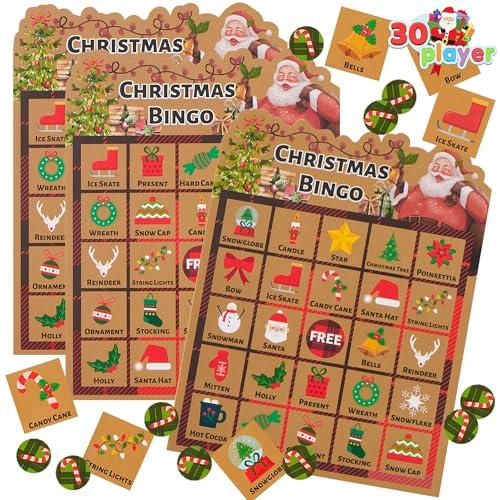 JOYIN Gioco di bingo di Natale per bambini con 30 giocatori, carte di bingo di Natale invernale, per attività in classe, famiglia e grandi gruppi, accessori per feste di Natale