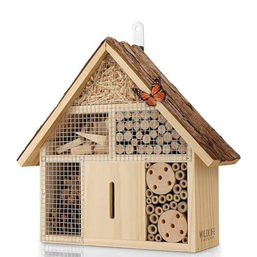WILDLIFE FRIEND Zanzariera a forma di corteccia, 28 x 29,5 x 9 cm, resistente alle intemperie, con tubi di bambù e camere di nidificazione, casetta a farfalla per giardino e balcone, piccola