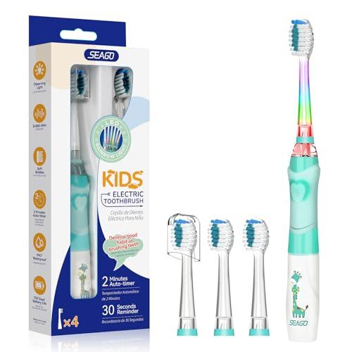 Seago Spazzolino Elettrico Bambini dai 3-12 Anni con Timer di Spazzolamento e Lampade a LED Colorate e 4 Setole Morbide Testine Idea Regalo per Ragazzi e Ragazze SGEK6/SG977 (Verde)