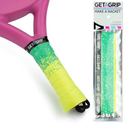 Get a Grip - Overgrip Antiscivolo per Racchetta da Padel - Nastro Asciugatura Rapida per Padel, Tennis e Pickleball - Grip Pretagliato con Nastro di Finitura (Paint The Lines (Neon + Blue), 1 Grip)