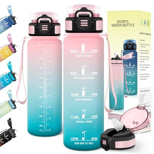 Baramumu Borraccia 1 litro, con Cannuccia, Borraccia Palestra, a Prova di Perdite, Bottiglia acqua, Facile da Aprire, Borracce, per Palestra, Trekking, Fitness, Yoga, Ufficio, Rosa-Verde