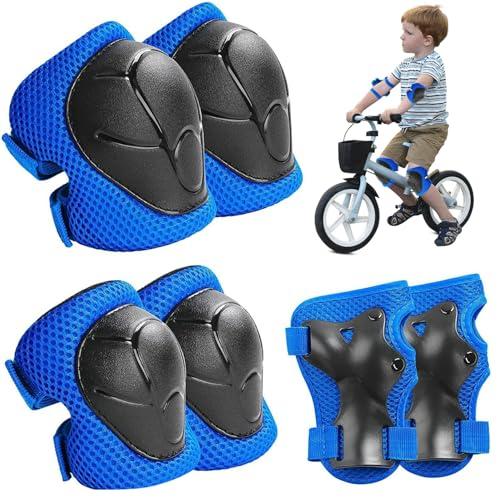 CUEMOON Ginocchiere per bambini,6-in1 set di protezioni in linea per bambini, Protezioni Pattini Regolabile per Bicicletta, Pattinaggio, Ciclismo, Skateboard,Blue