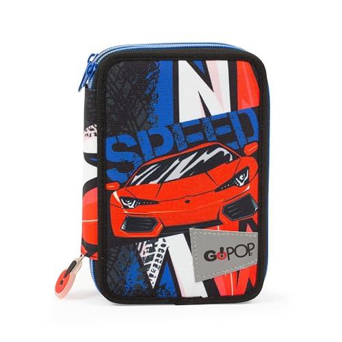 GO POP Astuccio Speed Triplo, Completo di Set Cancelleria, Astuccio 3 Scomparti per Bambino e Ragazzi, Prima Elementare, Tema Macchine, Per Scuola Elementare e Medie