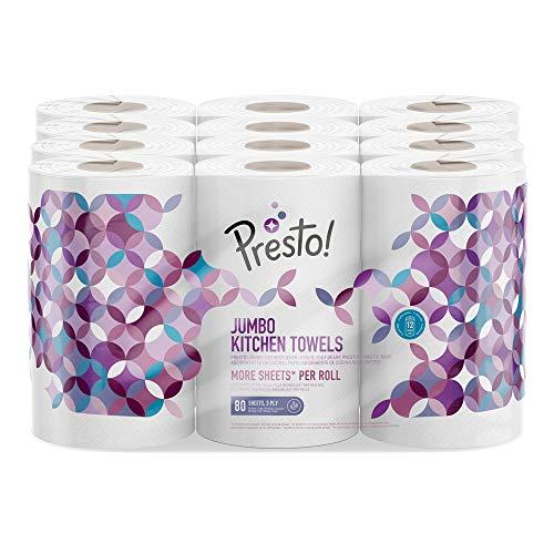 Marchio Amazon - Presto! Asciugamani di carta jumbo, 80 fogli a triplo velo, Bianco, 18 Rotoli (3 x 6 Confezioni)