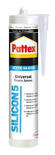 Pattex Sigillante Silicone Silicon 5, Multiuso, Universale, Silicone Bagno e Infissi, Silicone Sigillante Resistente alla Muffa, Sigillante Bianco, Cartuccia da 280ml