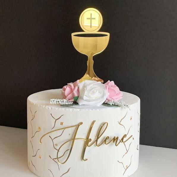 Cake topper per torta calice personalizzato, Personalizzabile nome o scritto cresima, Croce incisa, Prima Comunione, Dio ti benedica, Decorazioni per Torte, Dimensioni e colori disponibili
