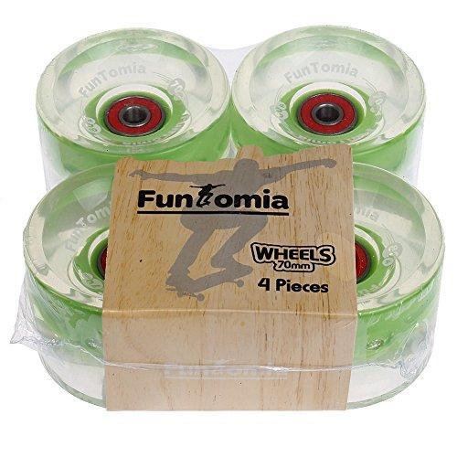 FunTomia 4 Pezzi Longboard/Skateboard/Miniboard Ruote (Big Wheels) 70x51mm 80A incl. ABEC-9 Cuscinetti a Sfera, Magnete Spacer (Verde Brillante - con LED)