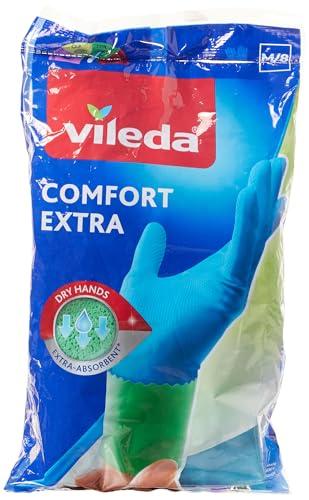 Vileda Comfort Extra, guanti casalinghi confortevoli, guanti in lattice, design ergonomico, molto assorbente, rivestimento interno Comfort Plus, tre misure: S-M-L, confezione da 1 pz