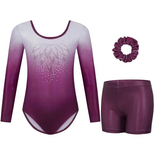 Gogokids - Completi da Ginnastica a Tre Pezzi per Ragazze, Set da Ginnastica a Maniche Lunghe con Pantaloncini e Fascia, Body da Danza Brillante con Design a Colori Sfumati per 3-12 Anni, 120(110-120