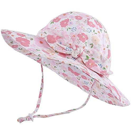 LACOFIA Cappellino Estivo da Sole per Neonata UPF 50+ Cappello da Pescatore per Bambina Berretto Mare con Sottogola Regolabile Fiori Rosa Chiaro 6-18 Mesi
