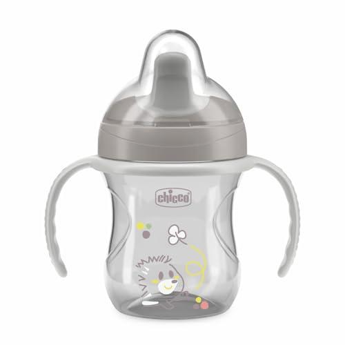 Chicco Training Cup, in Plastica Un Bicchiere Antigoccia Bambini, Una Tazza per Imparare a Bere, Beccuccio Ergonomico Semi-Soft, Valvola e Manici Rimovibili, 6 Mesi+, Senza BPA, Grigio