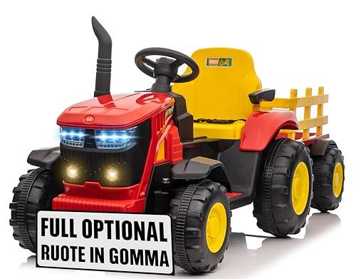 Trattore Elettrico per Bambini 12V con Rimorchio 2 Marce Soft Start 2 Motori 35W Luci Clacson MP3 USB Telecomando Rosso