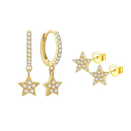 Epoch World 2 Paia Orecchini a Stella da Donna Orecchini Argento 925 Orecchini Oro Cerchio con Ciondolo Stella Orecchini Pendenti Zirconia Orecchini a Cerchio Oro per Donna Ragazza