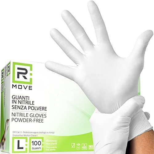 RMOVE 100 guanti in Nitrile Bianchi L senza polvere, senza lattice, ipoallergenici, guanti monouso per Estetisti, Tatuatori, Ambiti Medici, guanti per alimenti (L, Bianchi)