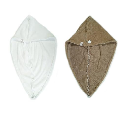 2 Pezzi Asciugamano per capelli in spugna di bambù - Assorbente e morbido - Asciugatura rapida - Turbante per capelli con chiusura a bottone - Produzione francese (Bianco Cappuccino)