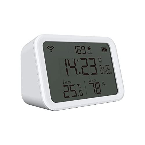 Termometro da interno, WiFi+Bluetooth temperatura ambiente igrometro, 4 in  1 termometro/misuratore di umidità/intensità luminosa/sveglia, funziona con  Alexa Google Home, APP telecomando