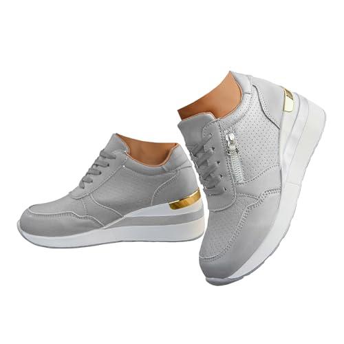 Xbemkste Sneaker da donna, con zeppa, con chiusura lampo, traspiranti, con lacci, scarpe da ginnastica da donna, con plateau, grigio., 37 EU
