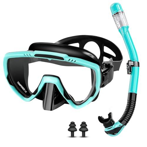 Vasmeiy Set per Snorkeling Adulti con Maschera e Boccaglio, Occhialini da Sub panoramici a 180°, Maschera da Snorkeling Antiappannamento e Anti-Perdite, per immersioni, snorkeling, nuoto (Nero/Verde)