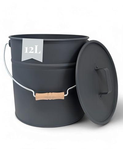 LIVLIG - Secchio per cenere con coperchio, 12 l, colore: grigio, esclusivo secchio zincato con coperchio per camini moderni, qualità premium dall'Europa, elegante accessorio per camini per conservare