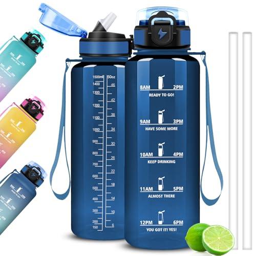 Mujigaga Borraccia Palestra 1,5 litri, Borraccia con Cannuccia, e Orari per Bere, Borracce Motivazionale, Borracce a Prova Di Perdite per Gym, Sportiva, Yoga