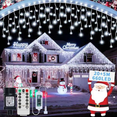 GCMacau Luci di Natale da Esterno, 20m+5m 660LED Luci Natalizie da Esterno Cascata con Telecomando Timer 8 Modalità, IP65 Impermeabile Luci di Natale per Bordo Tetto Balcone Decorazione Natalizia