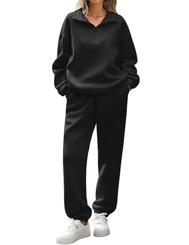 Tuopuda Felpa Donna Senza Cappuccio Set da Salotto 2 Pezzi Sweatshirt Manica Lunga con Zip 1/4 e Pantaloni della Tuta Tuta da Ginnastica (Nero,L)