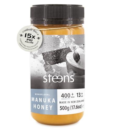 Steens Miele di Manuka - MGO 400+ - Puro Miele Manuka grezzo 100% certificato UMF 13+ - Invasettato e sigillato in Nuova Zelanda - Manuka Honey - 500 g